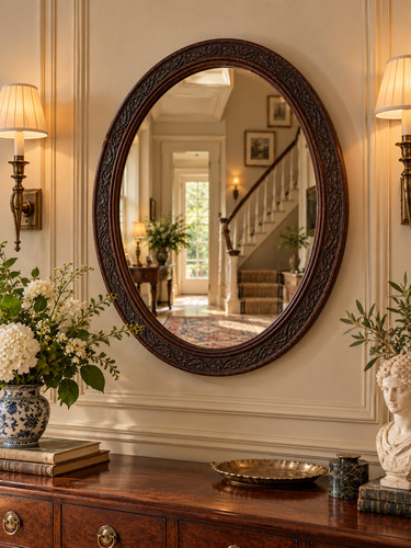 Vintage carved oval wooden - oval,